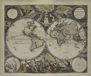 Mapa do mundo de duplo hemisfério do Atlas do Mundo da Água de Goos, 1672 (gravura colorida à mão)